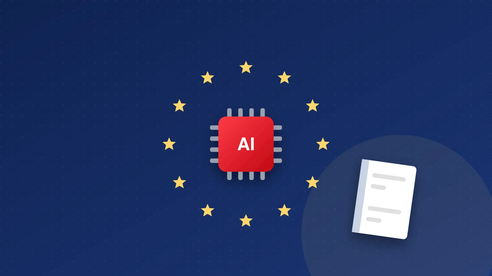 Illustration of an AI chip inside a ring of European stars next to a law book