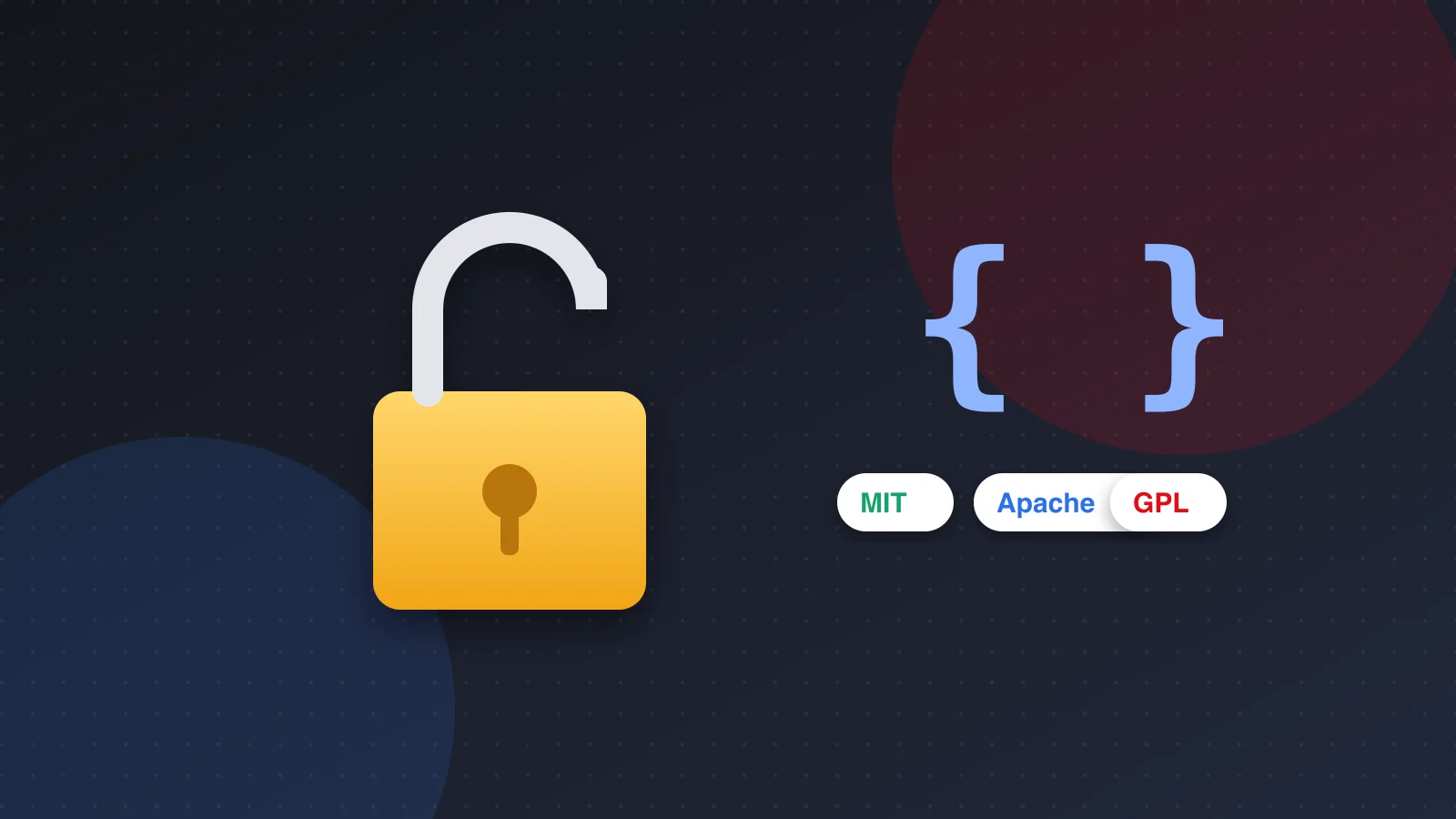 Illustration of an open padlock, code brackets and a licence document for open source