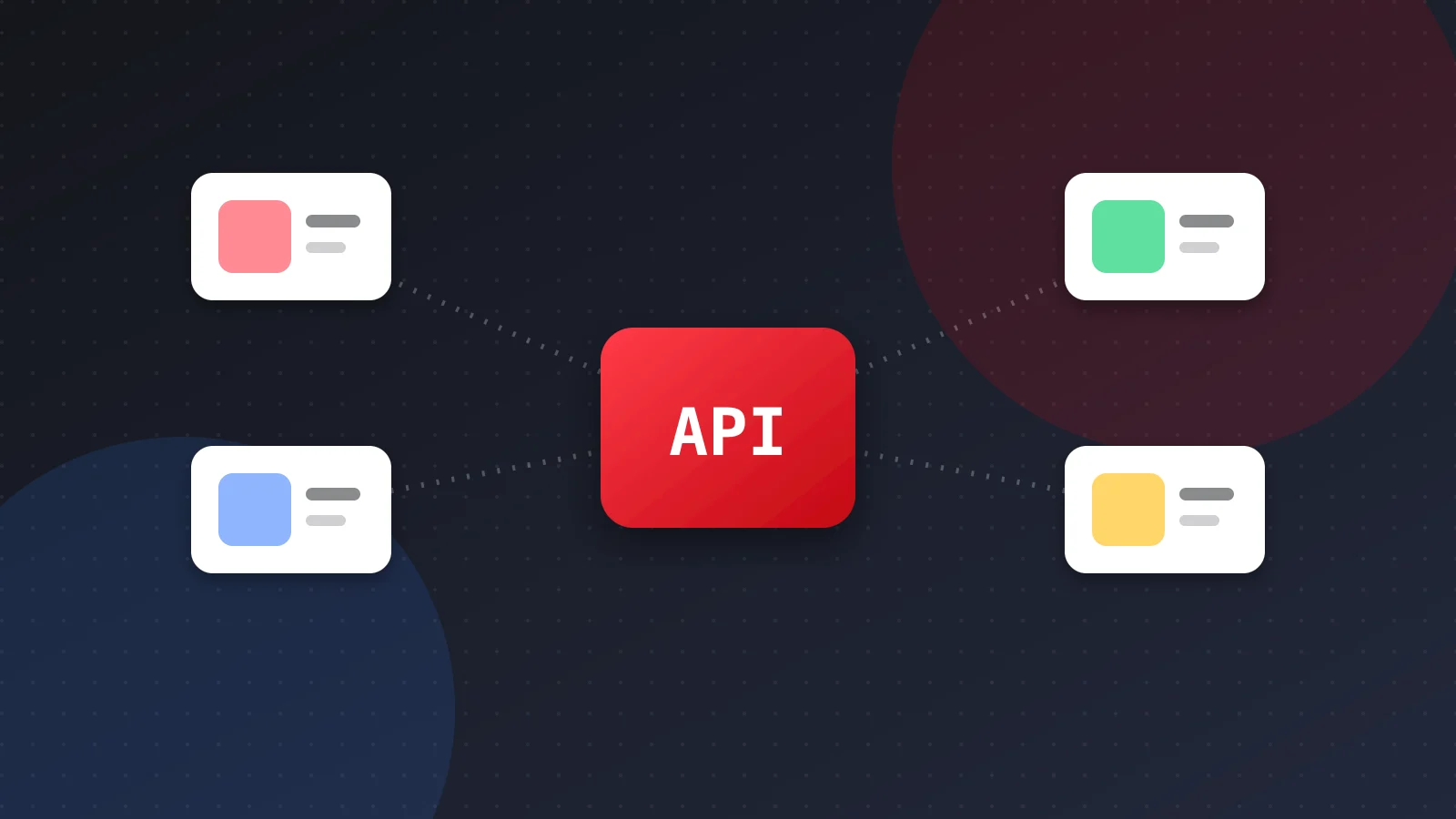 Illustration of connected application blocks and code brackets representing APIs