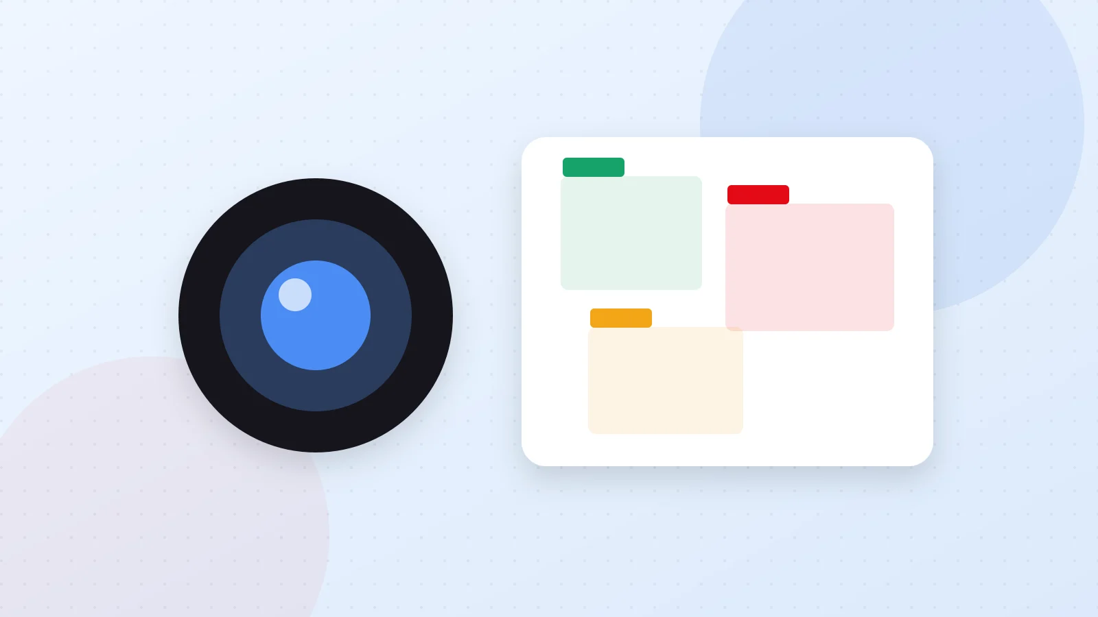 Illustration of a camera lens, detection boxes and a product line representing computer vision