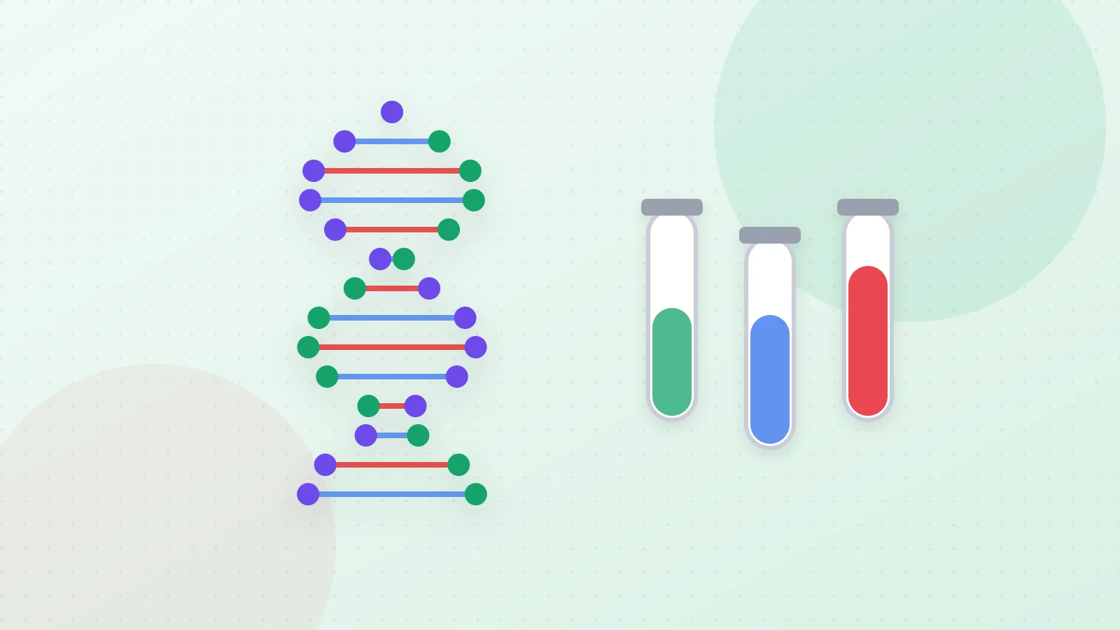 Illustration of a DNA helix, test tubes and molecules representing biotech