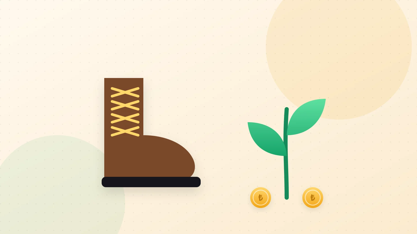 Illustration of a boot with laces being tied next to a growing plant
