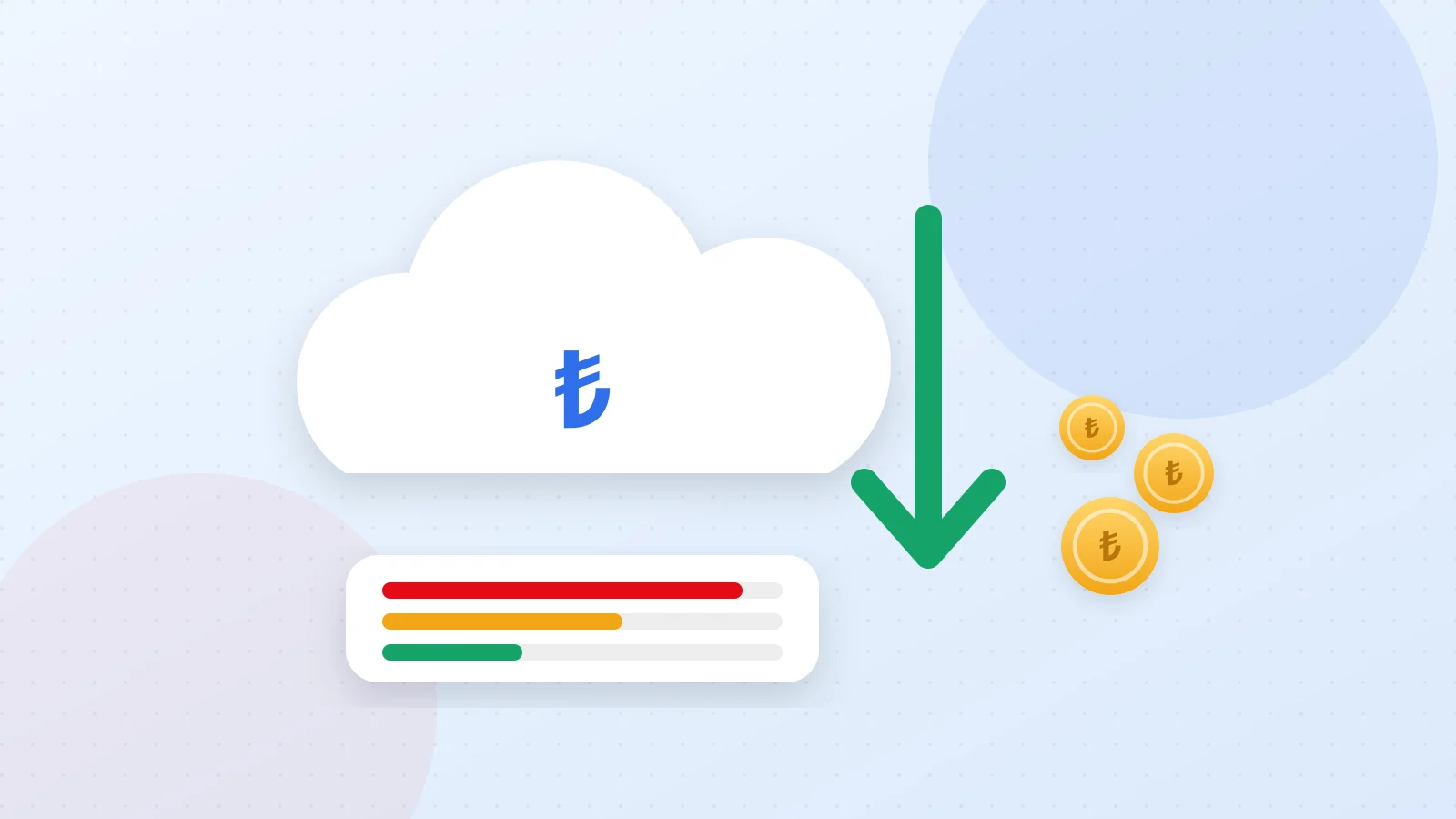 Illustration of a cloud icon, a downward arrow and coins representing cloud savings