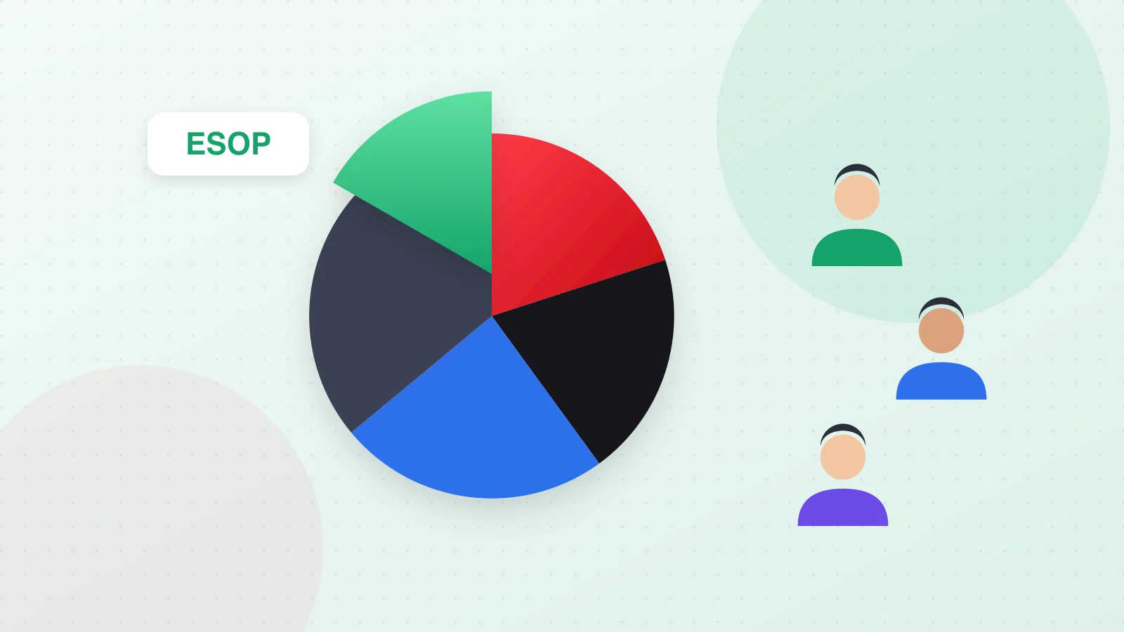 Illustration of a pie chart split into colourful slices shared by team members
