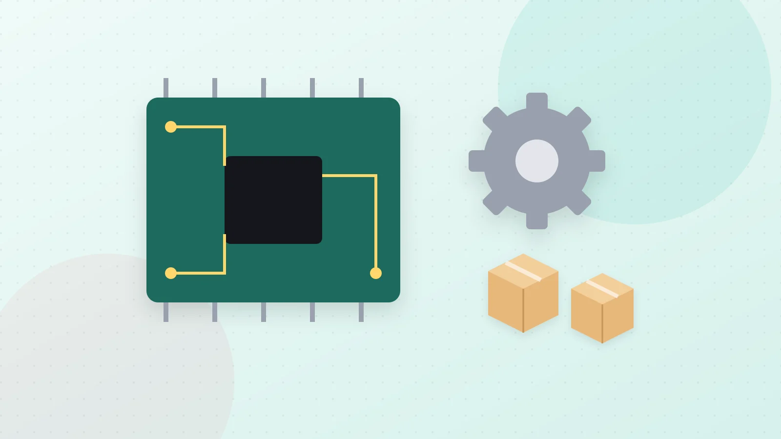 Illustration of a circuit board, gears and product boxes on a production line