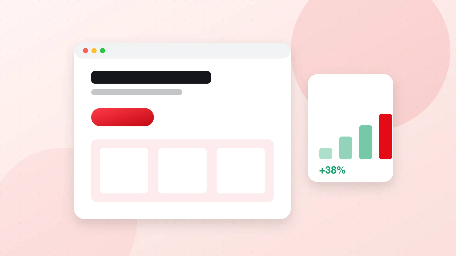 Illustration of a web page with a headline, a button and a rising conversion chart