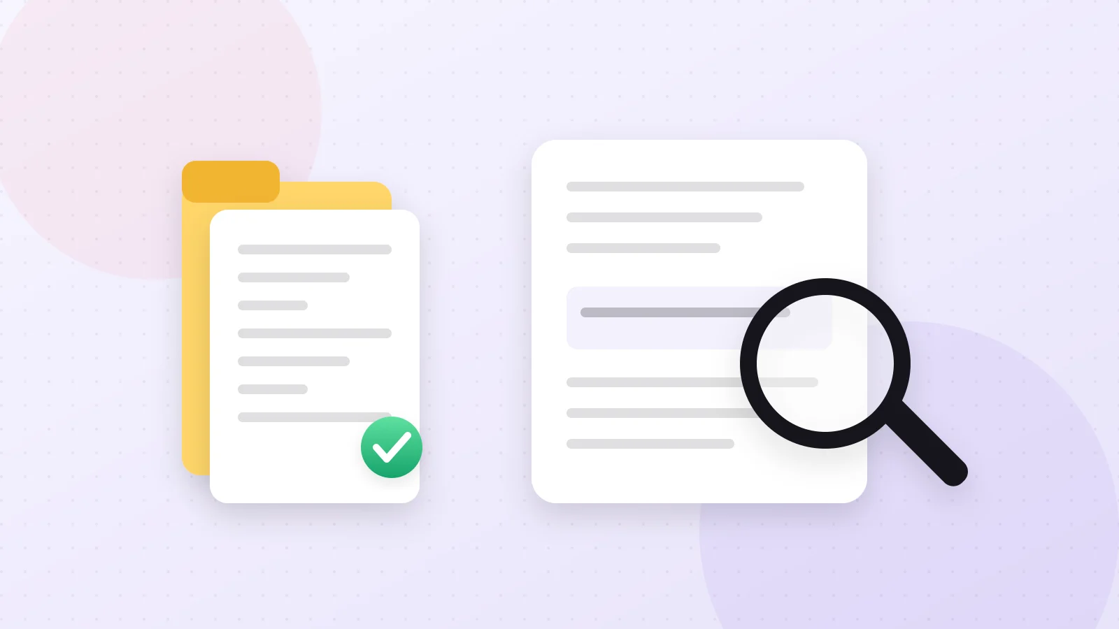 Illustration of documents examined with a magnifying glass next to folders with check marks
