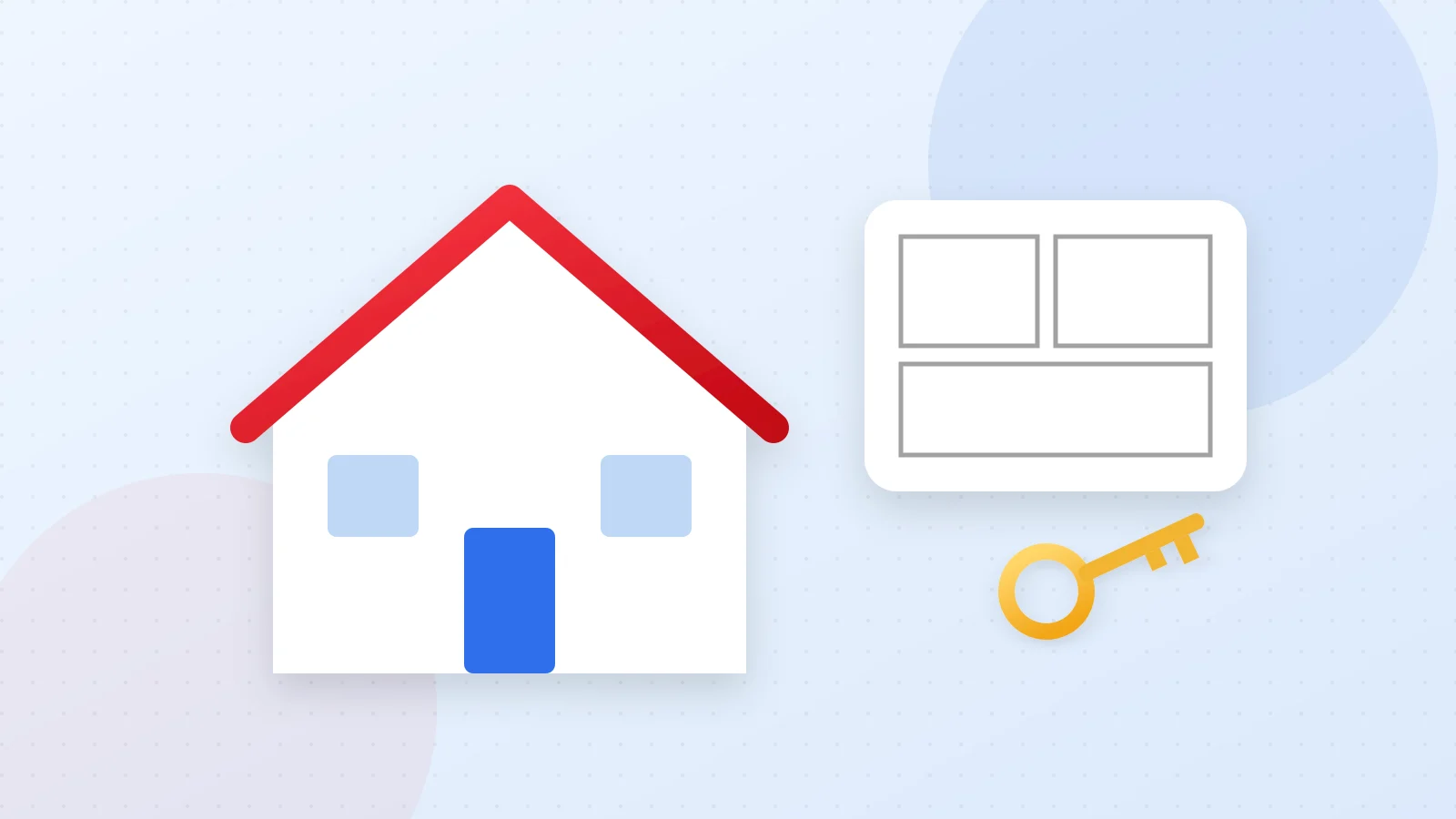 Illustration of a house icon, a key and a floor plan representing proptech