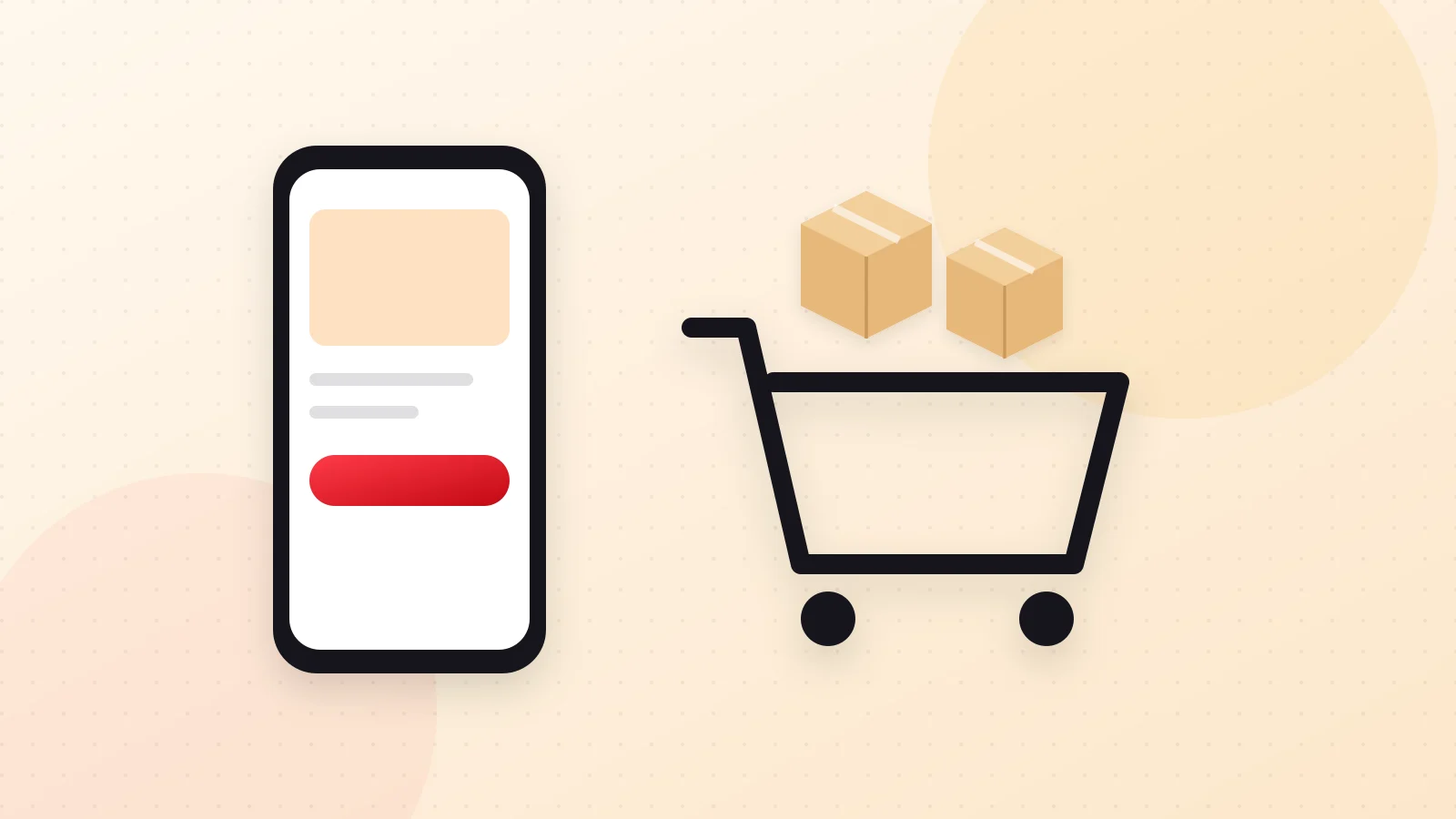 Illustration of a shopping cart, a parcel and a phone screen representing e-commerce