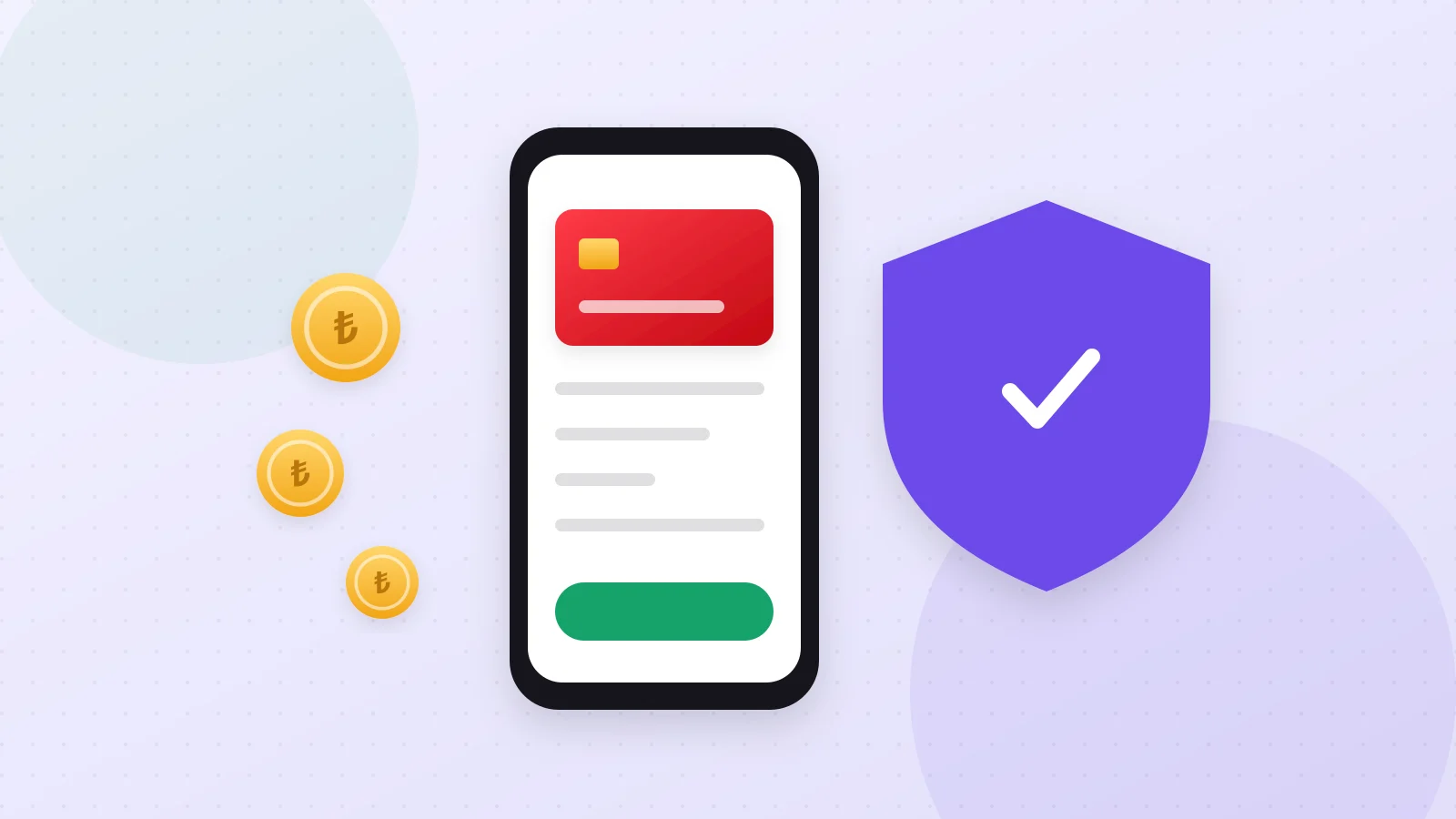 Illustration of a payment card on a phone screen with a shield and coins