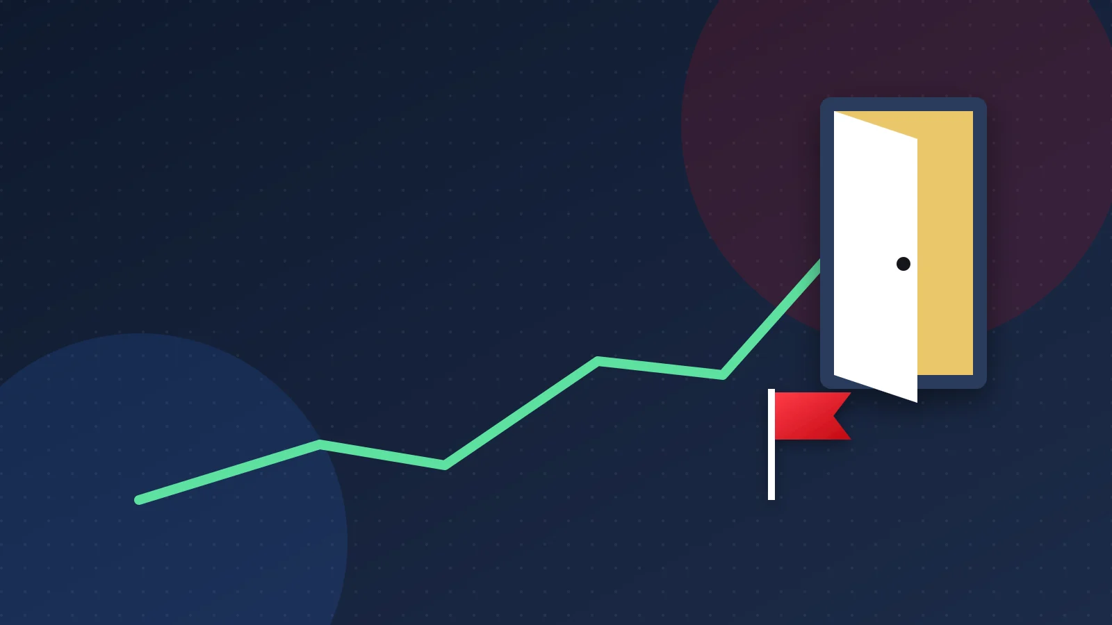 Illustration of a rising chart ending at an open door and a flag, representing an exit