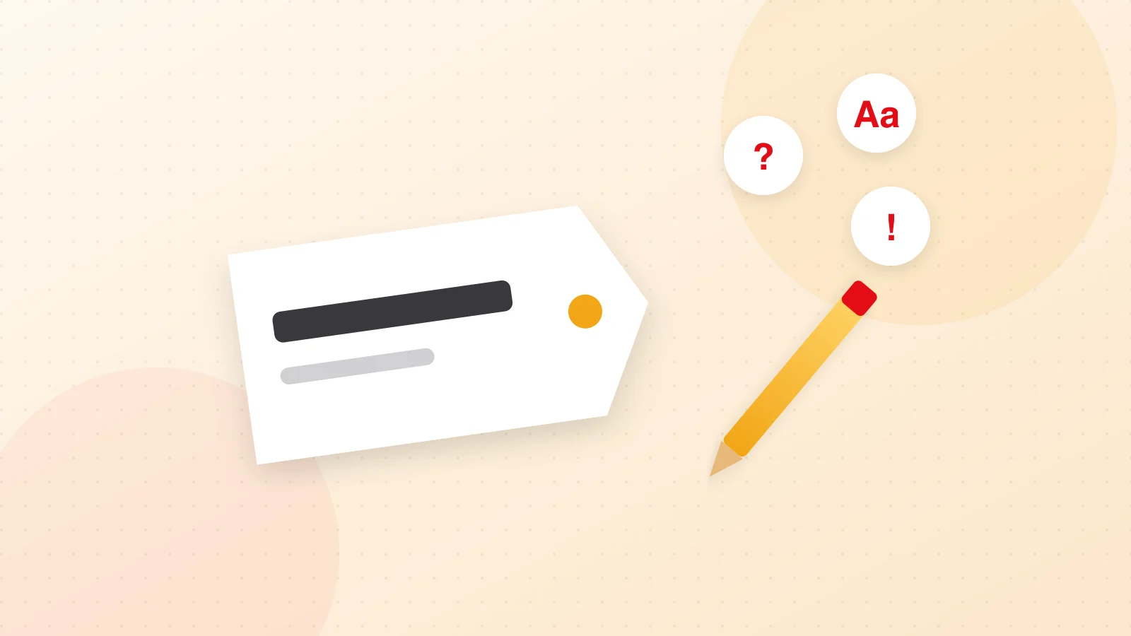 Illustration of a name tag, a pencil and idea bubbles for naming a startup