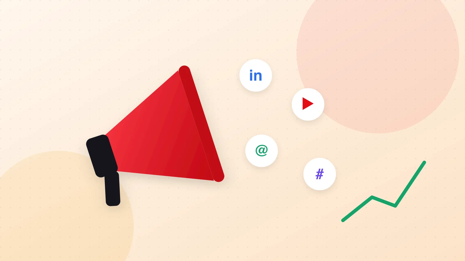 Illustration of a megaphone, social media icons and a rising chart representing marketing