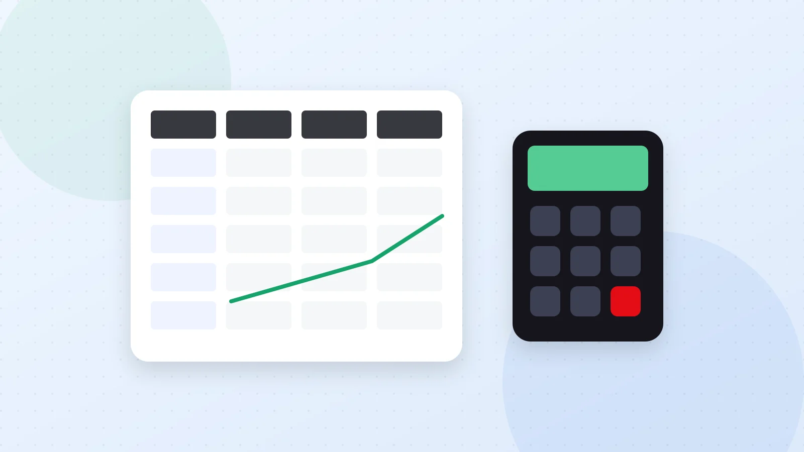 Illustration of a spreadsheet, a calculator and a rising chart representing a financial model