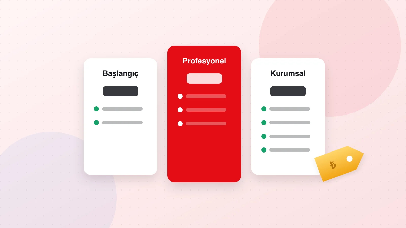Illustration of a price tag, three pricing tier cards and an upward arrow