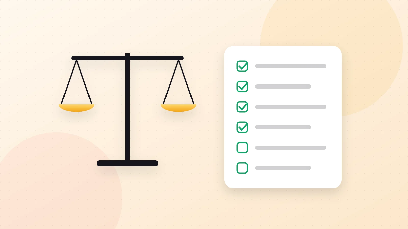 Illustration of scales of justice, a checklist and a contract representing legal basics