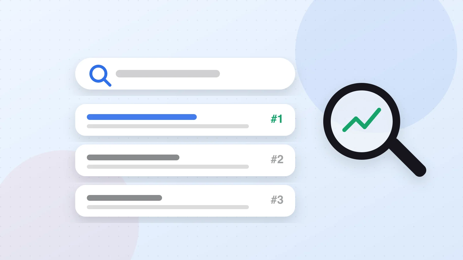 Illustration of a search bar, a magnifying glass and a rising rankings chart