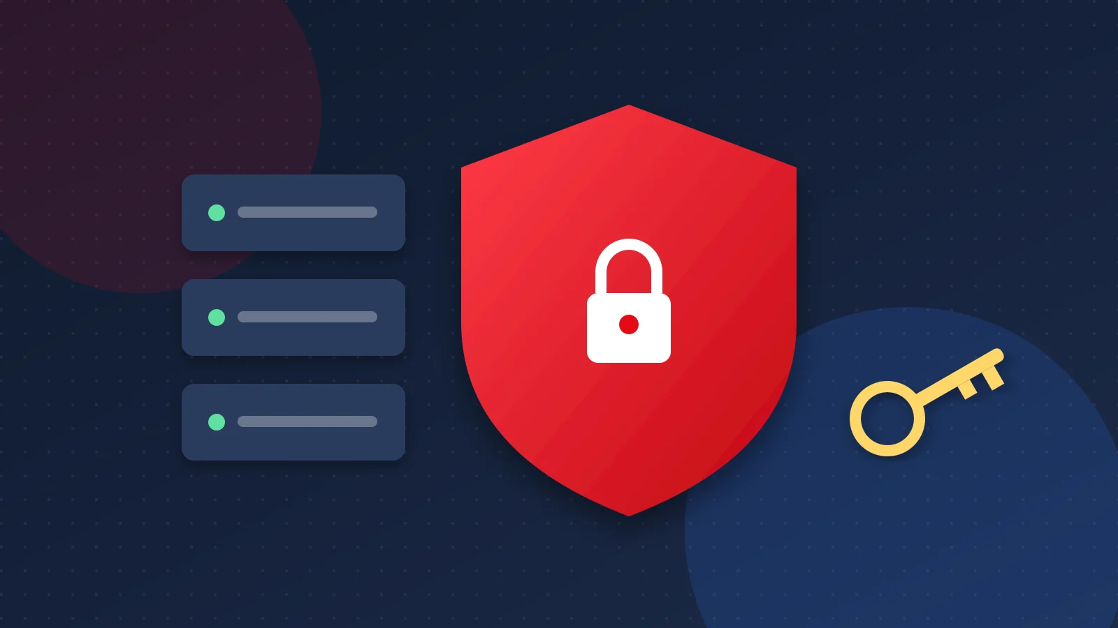 Illustration of a locked shield, a key and server icons representing cybersecurity