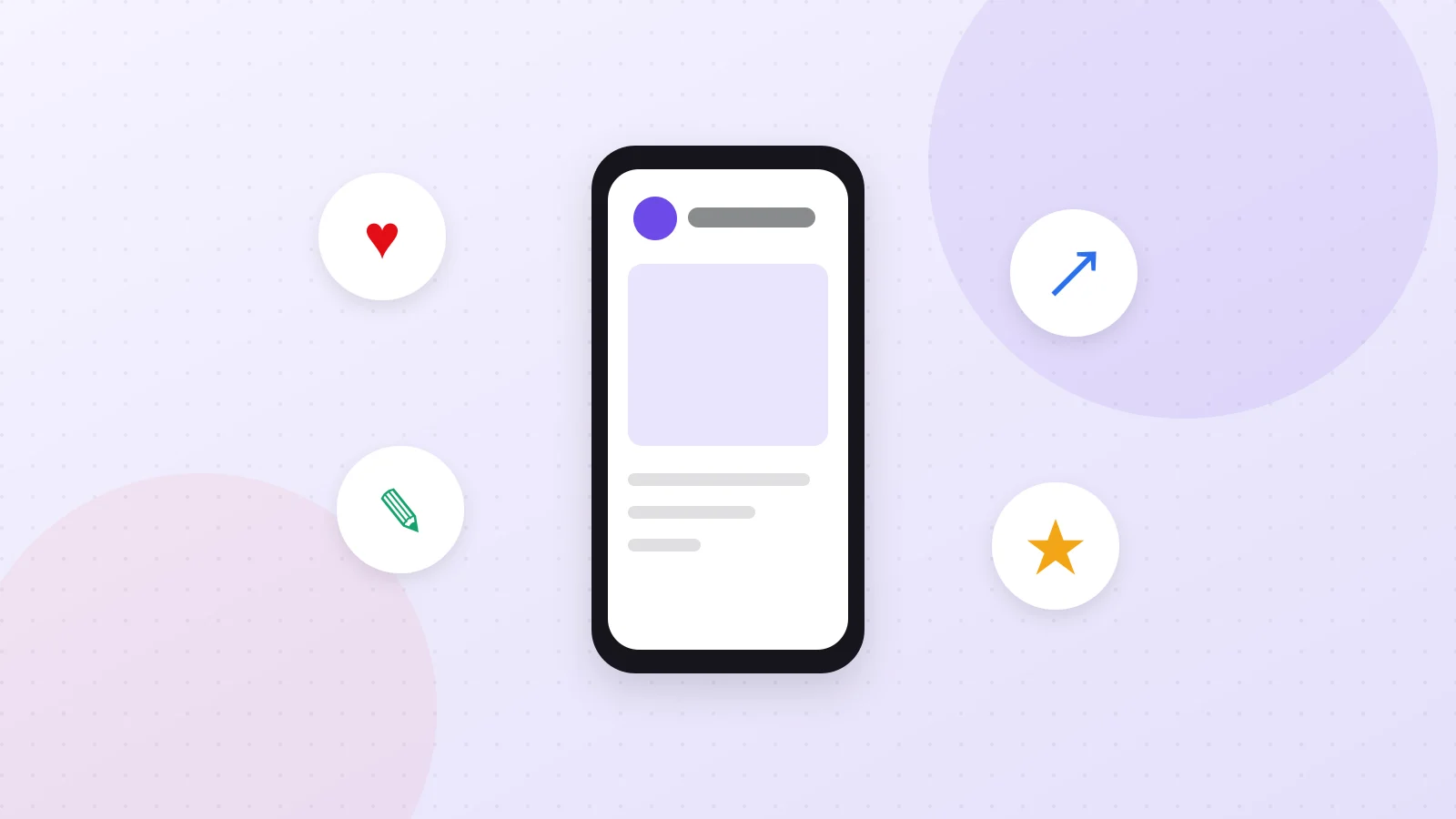 Illustration of a phone screen surrounded by like, comment and share icons