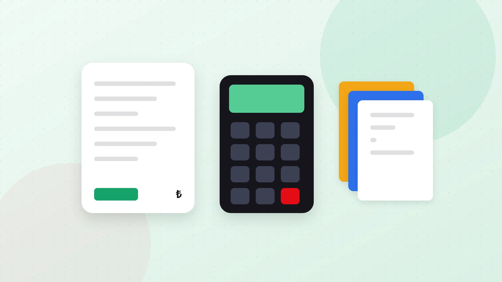 Illustration of a calculator, invoices and folders representing accounting