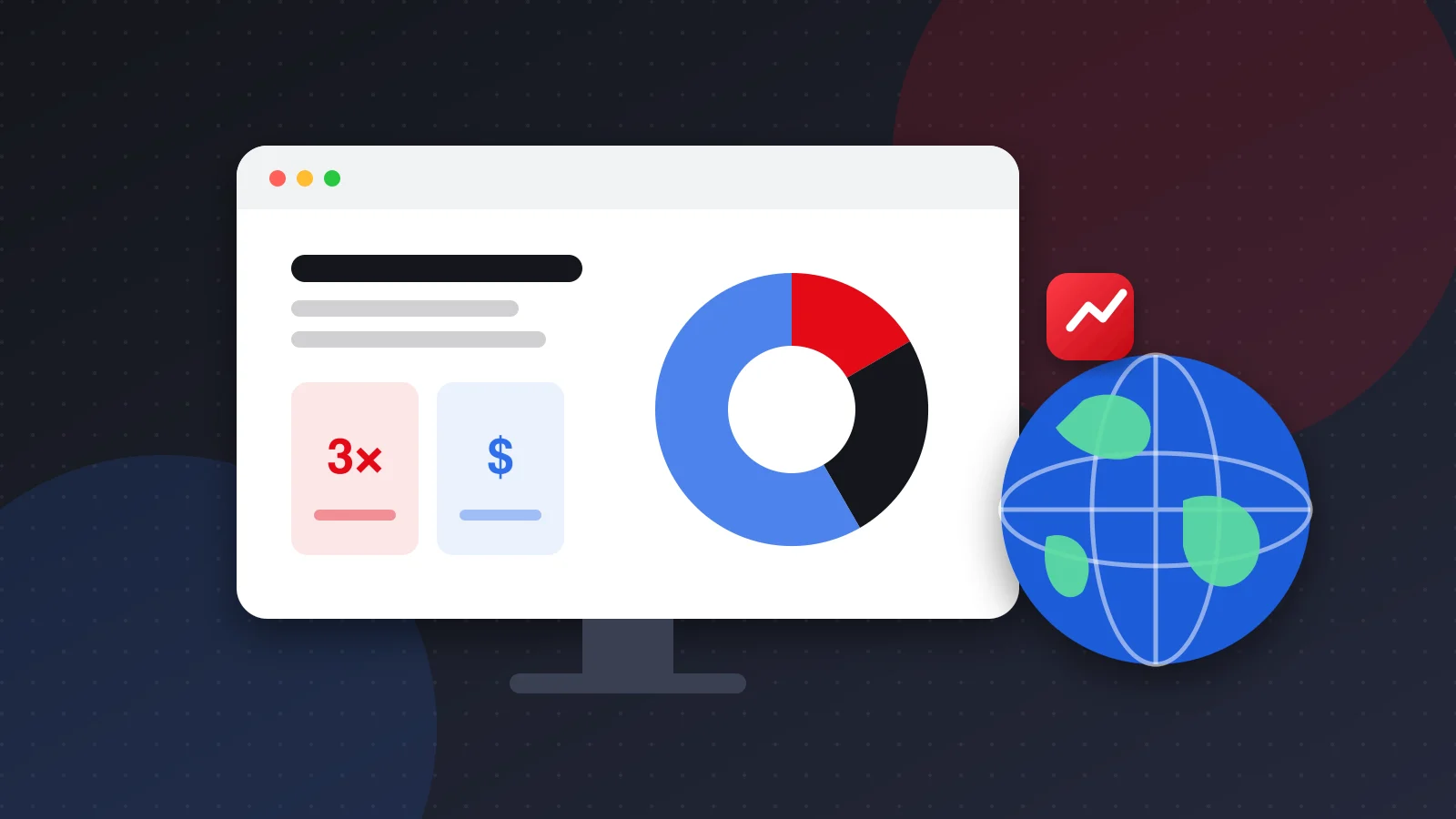 Illustration of a pitch deck slide with growth metrics and a pie chart on a screen, next to a globe