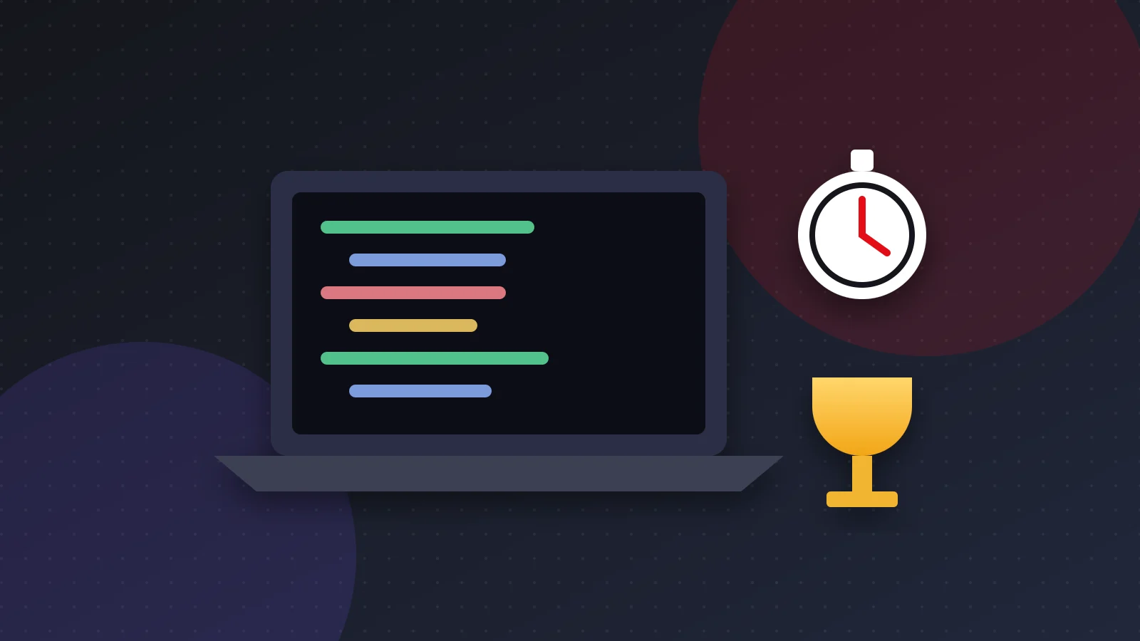 Dizüstü bilgisayar, kod satırları, kronometre ve kupa içeren hackathon illüstrasyonu