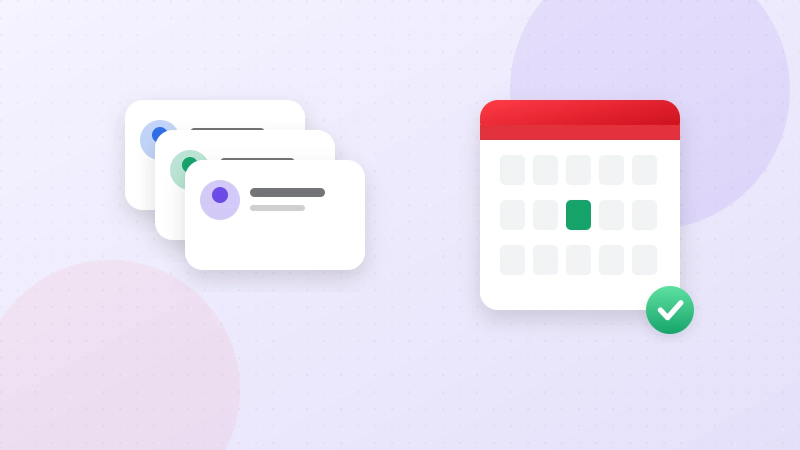 Illustration of employee profile cards, a calendar and a check mark representing HR tech