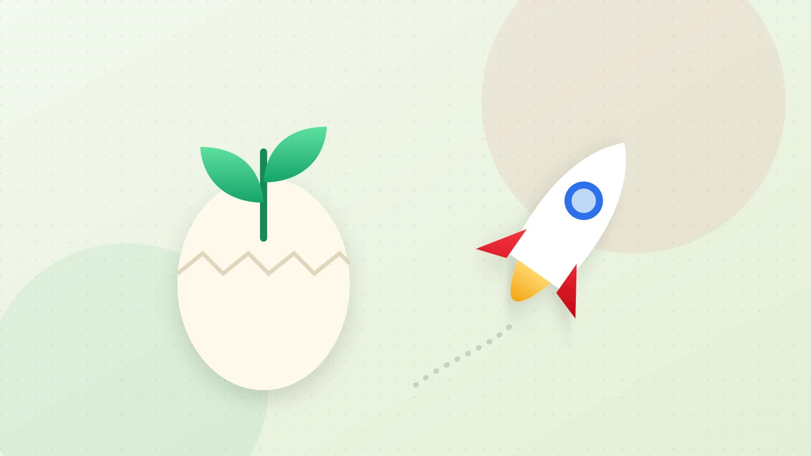 Illustration of a sprout hatching from an egg next to a rocket taking off