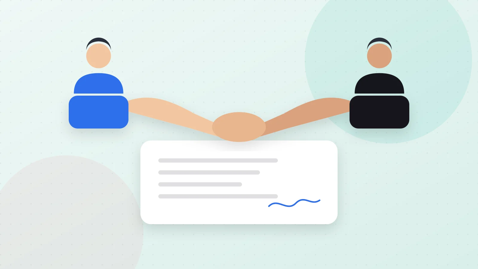 Illustration of two co-founders shaking hands over a signed agreement