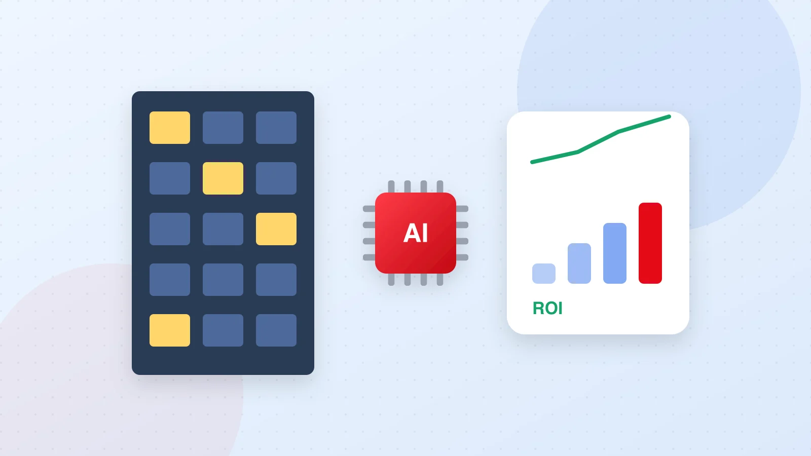 Illustration of a corporate building, an AI chip and a rising chart representing transformation