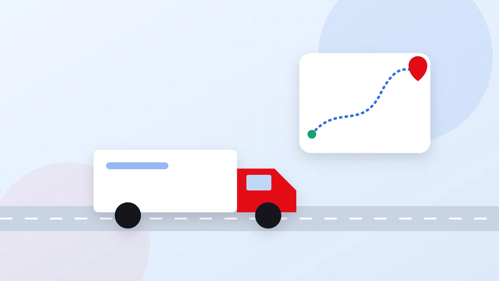 Illustration of a truck, a route on a map and parcels representing logistics tech