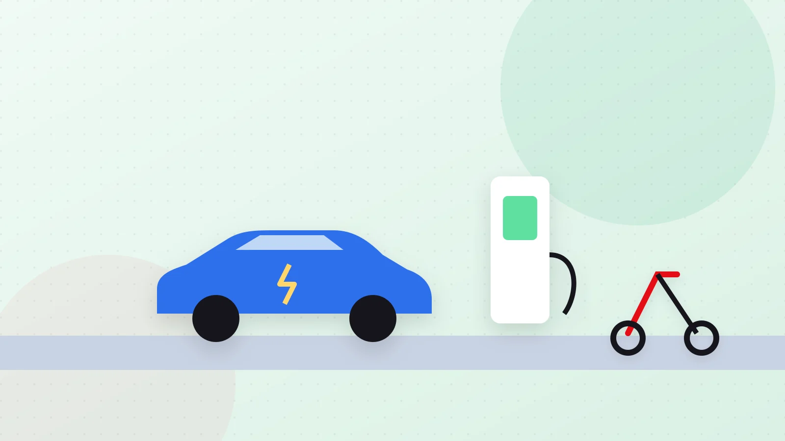 Elektrikli araç, şarj istasyonu ve scooter içeren kentsel mobilite illüstrasyonu