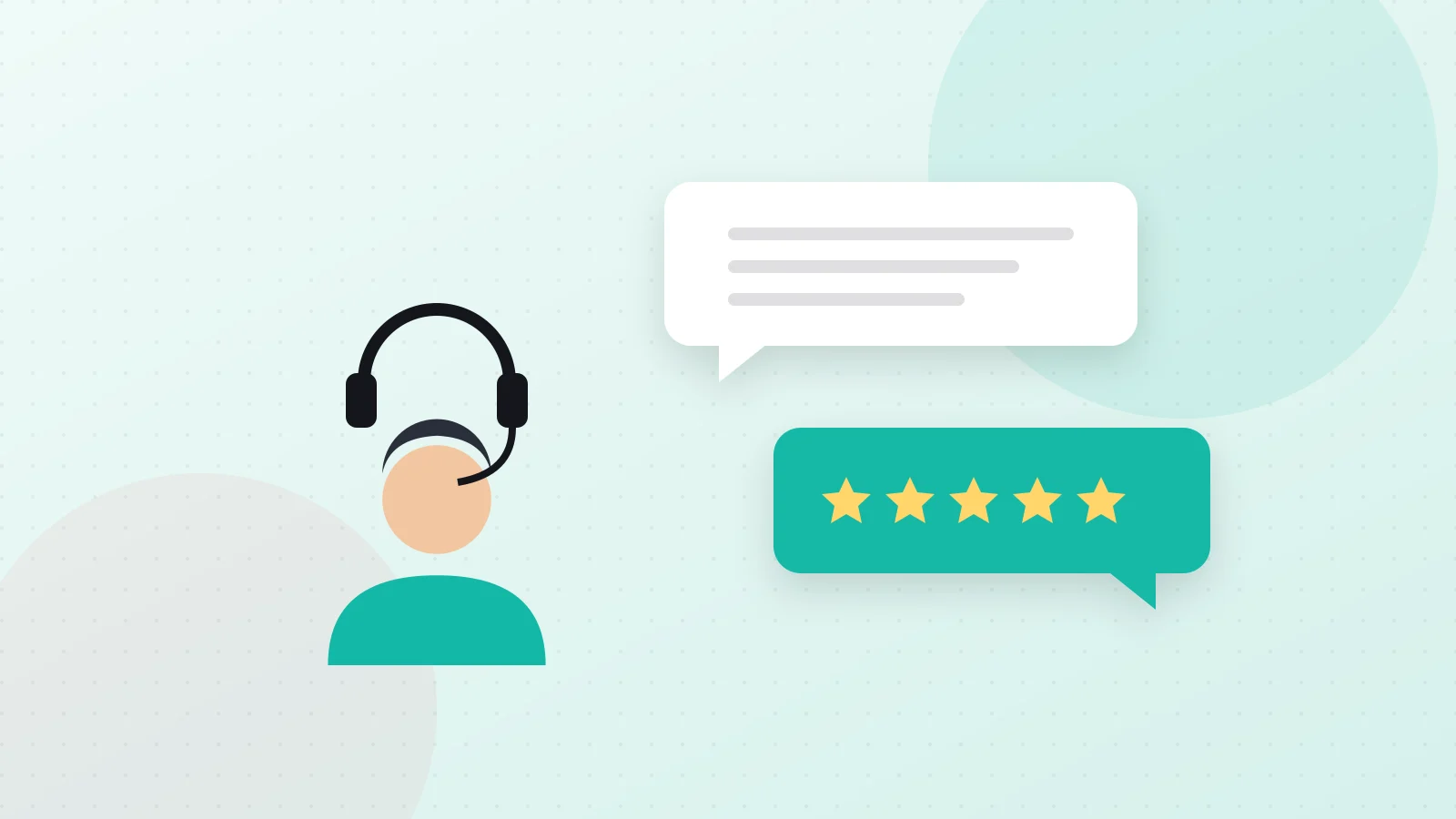 Illustration of a support agent with a headset, chat bubbles and star ratings