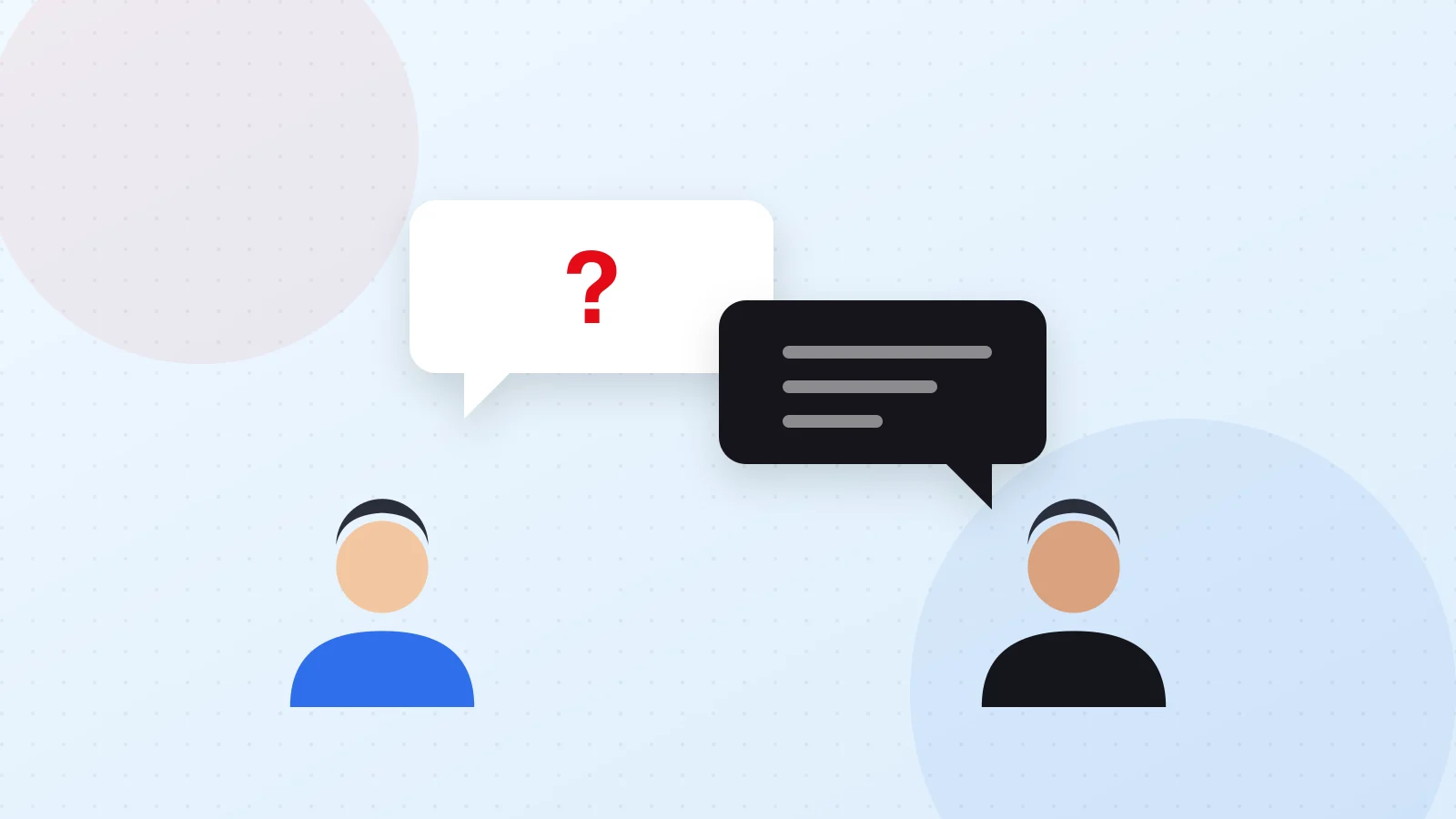 Illustration of speech bubbles, a question mark and a notebook representing a customer interview