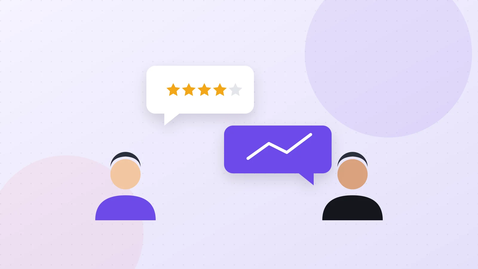 Illustration of a performance conversation with speech bubbles, stars and a rising arrow