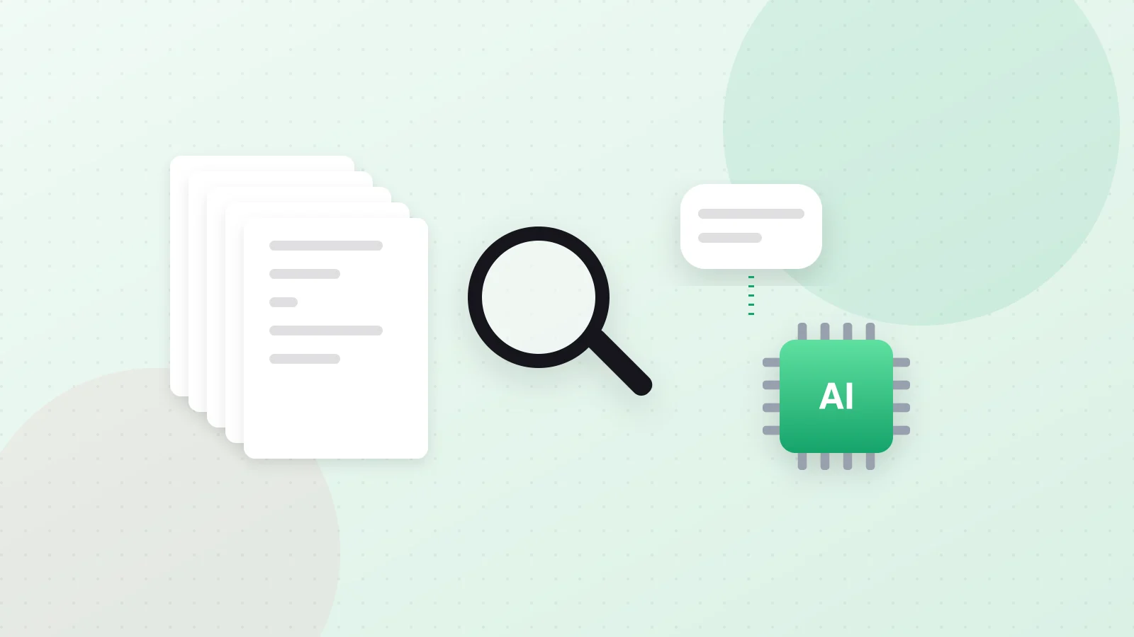 Illustration of document cards retrieved from a library and passed to an AI model