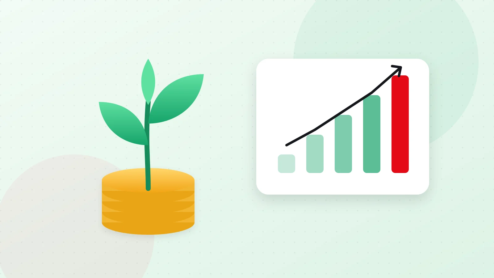 Illustration of a seedling growing from a stack of gold coins beside a rising growth chart