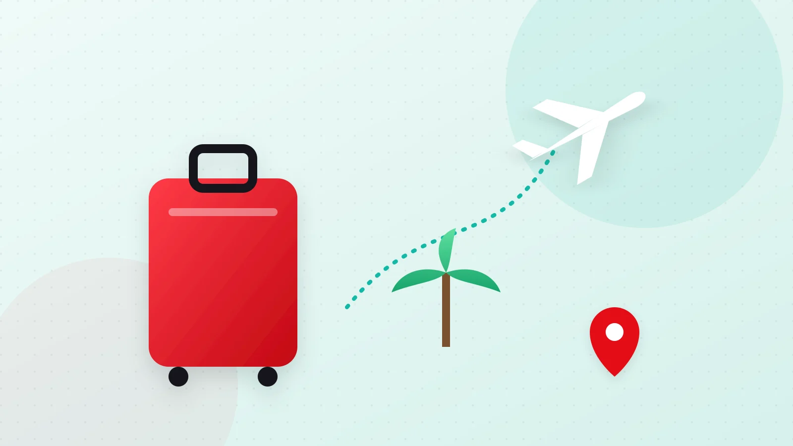 Illustration of a plane, a suitcase, a map pin and a palm tree representing traveltech