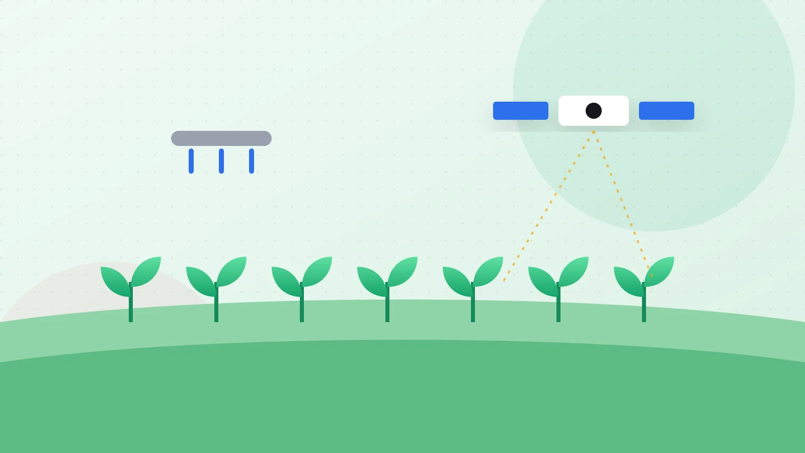 Illustration of a field with sprouts, drip irrigation and a satellite icon representing agritech