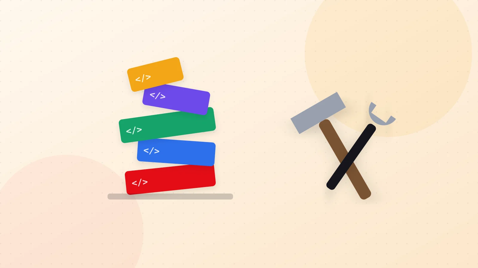 Illustration of unevenly stacked code blocks with repair tools