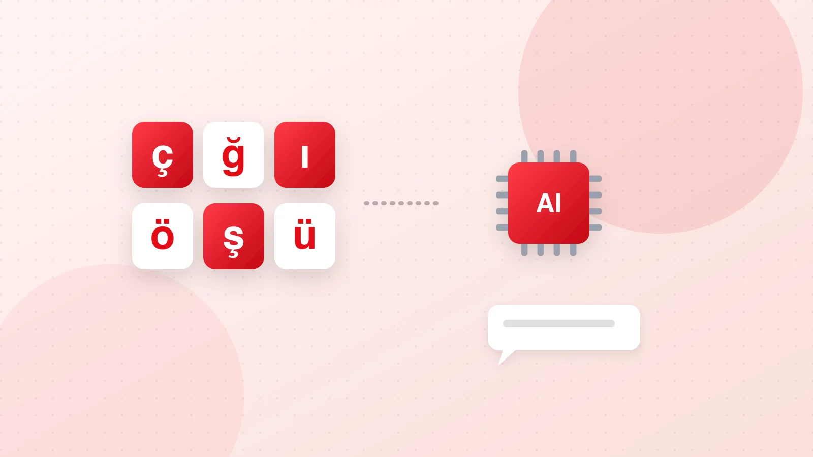 Illustration of Turkish letters and speech bubbles connected to an AI chip