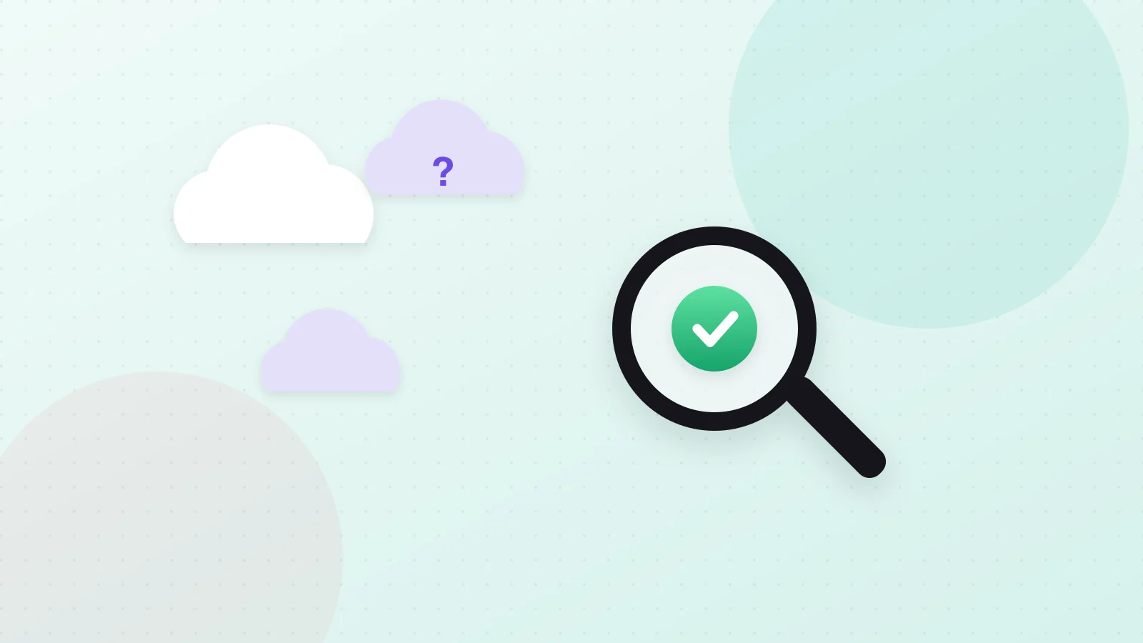 Illustration of verifying facts with a magnifying glass between real and imaginary clouds