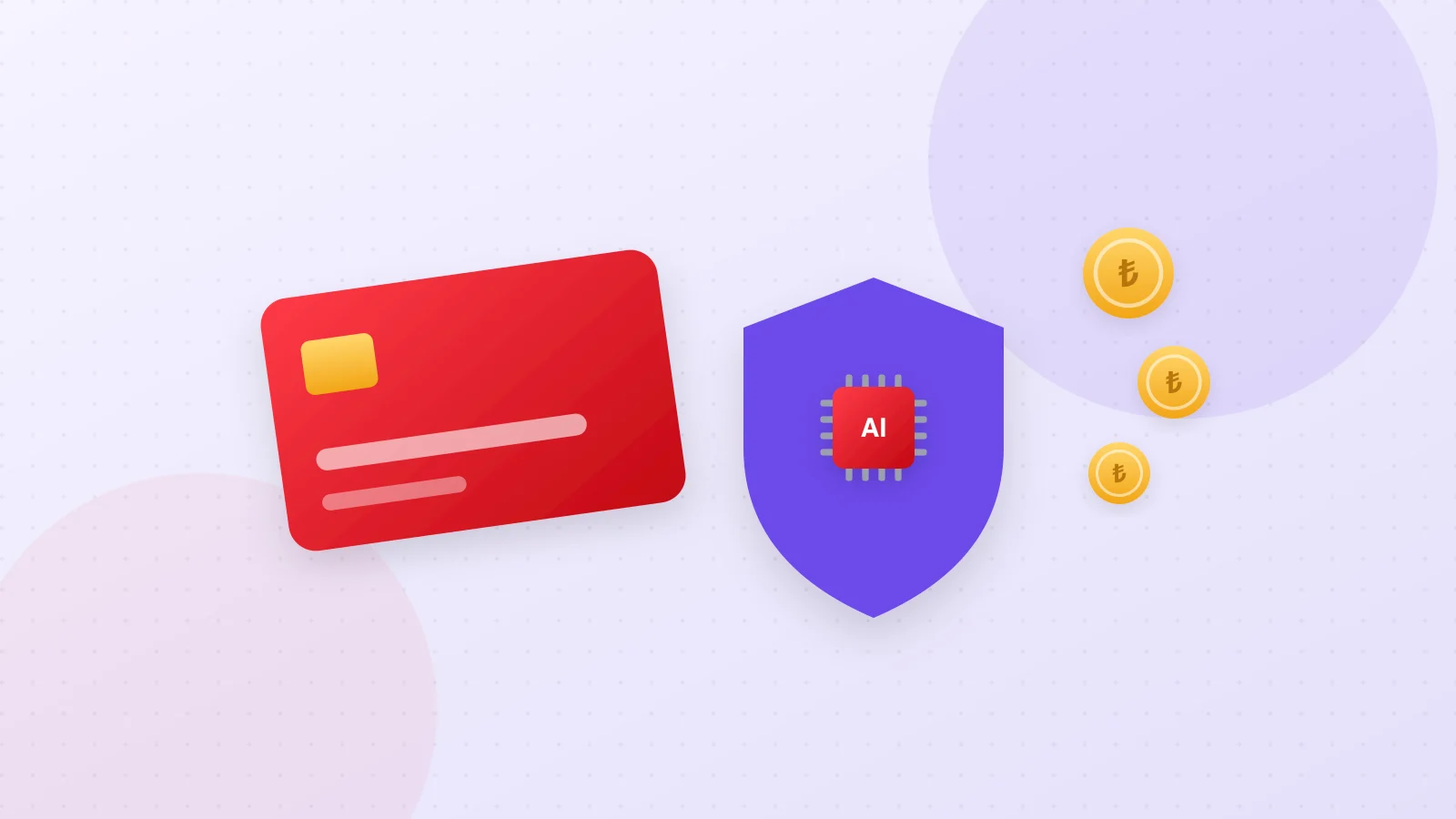 Illustration of a credit card, a shield and an AI chip representing AI in fintech