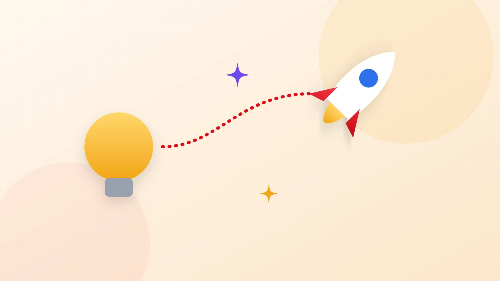 Illustration of a fast path from an idea bulb to a rocket-shaped prototype