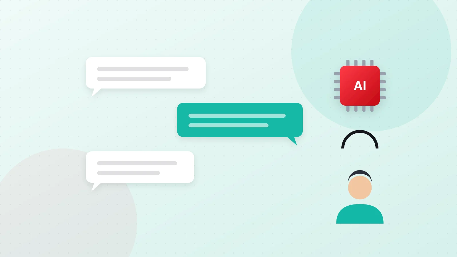 Illustration of a robot and a human agent answering a customer together in a chat window