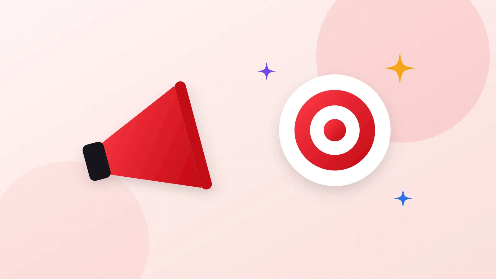 Illustration of a megaphone, a target and AI sparkles representing sales and marketing