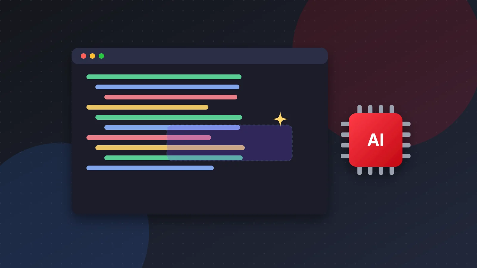 Illustration of a code editor window with AI suggestions and a robot icon