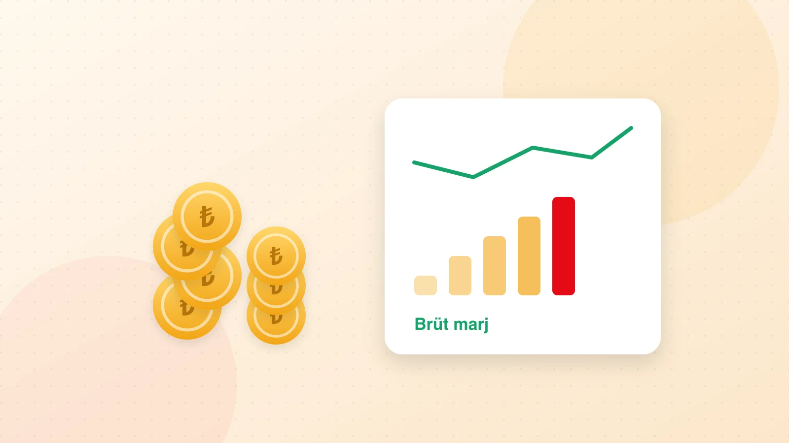 Madeni para yığınları, token simgeleri ve brüt marj grafiğinden oluşan illüstrasyon