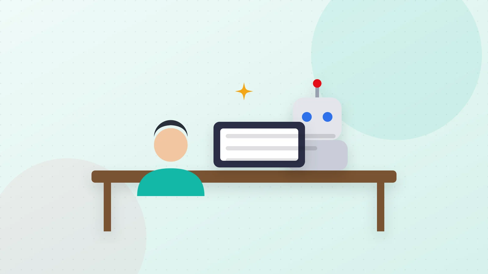 Illustration of a person and a robot working together at an office desk