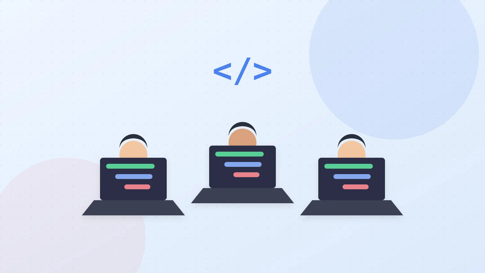 Illustration of a developer team working together on laptops with code brackets